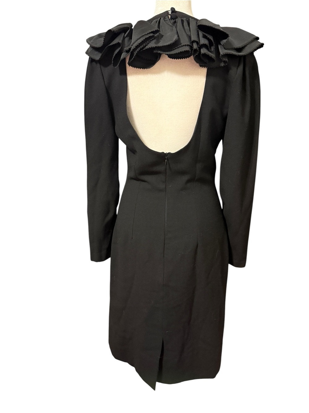 Vintage Lorraine Beauchamp Daymor Black Wool Open Back Ruffle Cocktail Dress